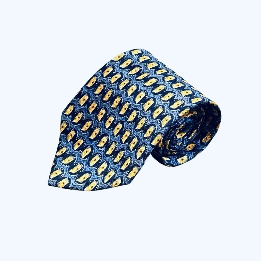 Ermenegildo Zegna Italian Silk Blue And Gold Geometric Mens Neck Tie